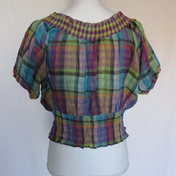 New Voice Woman’s Girl’s Fashion Multicolored Plaid Print Short Sleeves Top L - Picture 6 of 11